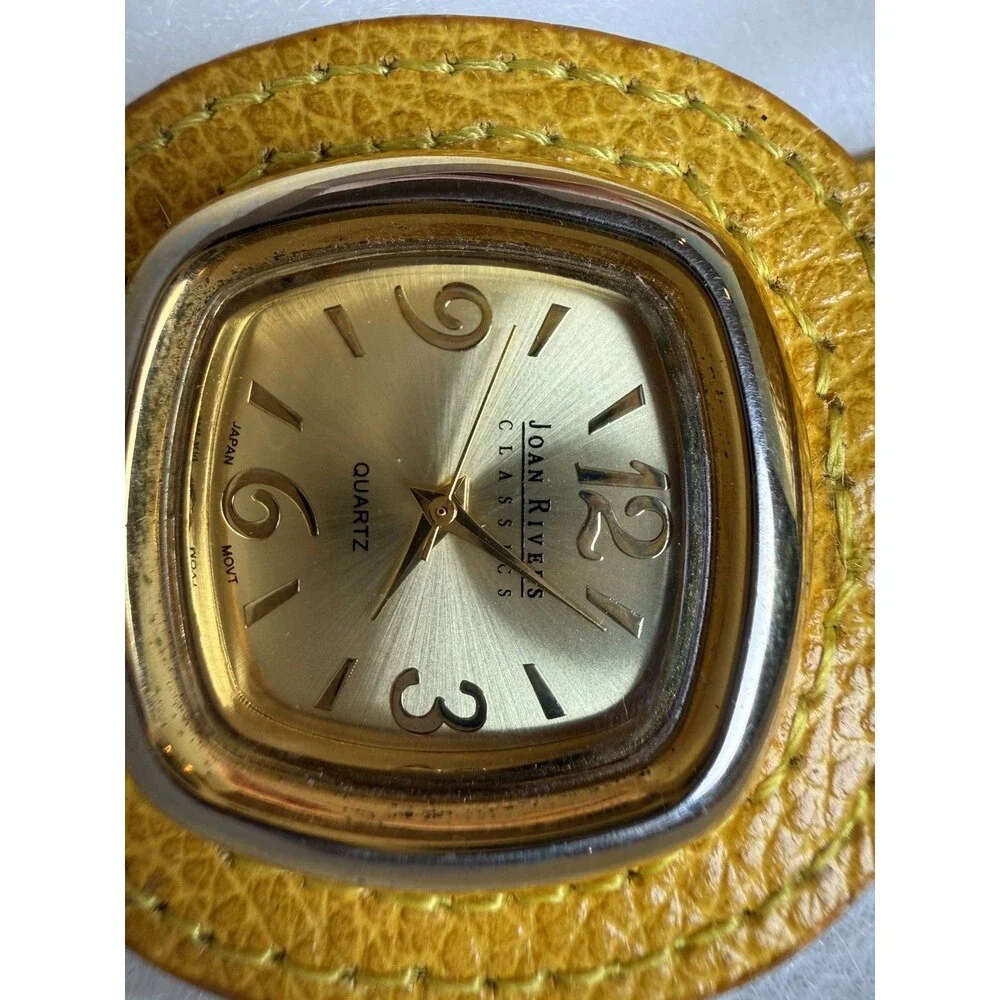 Vintage Joan Rivers Classics Mustard Yellow Leather Bag Charm Watch Square Gold